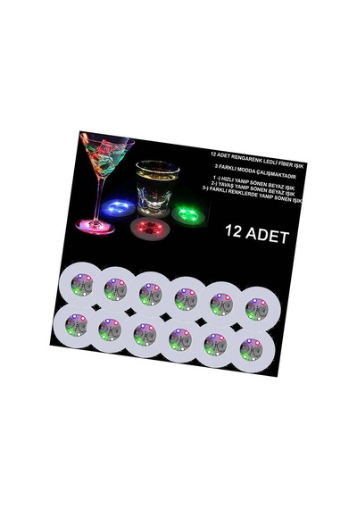 Renkli Led Işıklı Bardak Altlığı - Dekoratif 12 Adet, Pilli Evimdeyokyok Diğer