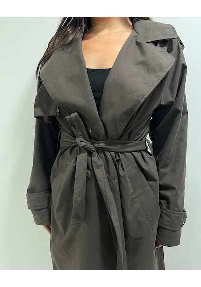 Kadın Kemerli Uzun Trençkot Su Geçirmez, Astarlı, Oversize Şık Model Kahverengi