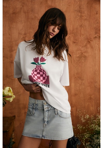 Grimelange Sprıne Kadın Yumuşak Kumaşlı %100 Pamuklu Baskılı Regular Beyaz T-shirt
