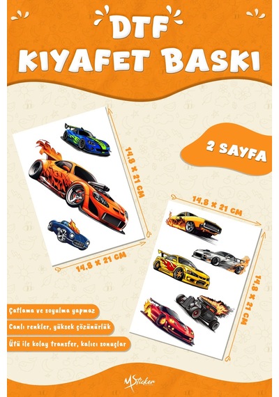 Kumaşa Baskı Yapılabilen Özel Tasarım Ütü Ile Yapışan Tekstil Dtf Baskı Görseli Arabalar Temalı Çok Renkli