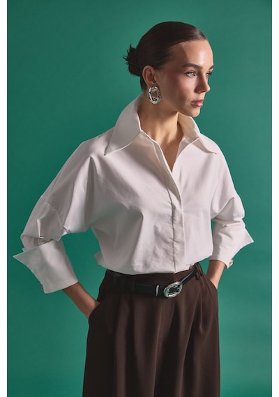 Sateen Düğme Detaylı Gömlek - Ekru-137151 ekru