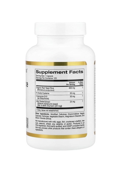 California Gold Nutrition, Red Yeast Rice Complex With Organic Red Yeast Rice, N-acetyl Cysteine, Coenzyme Q10, And Milk Thistle Extract, 120 Veggie Capsules