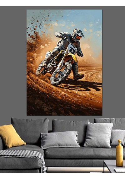 Ahşap Tablo Toprak Yolda Hızlı Motokros Sürücüsü