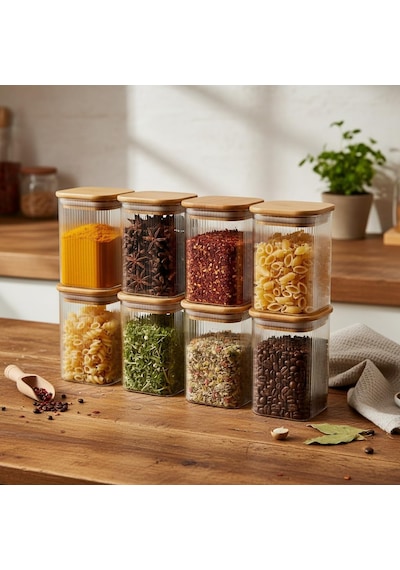6'lı Set 350 Ml Bambu Kapaklı Kare Cam Kavanoz - 6x10 Cm Vakumlu Orta Boy Şeffaf Erzak Kabı Kahve Çay Baharatlık Ve Mutfak Düzenleyici Organizer Saklama Kutusu