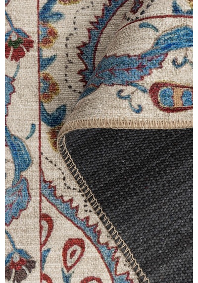Nora Krem / Mavi Vintage Dokulu Geometrik Desenli Dokuma Tabanlı Şönil Halı Al 479 Bej