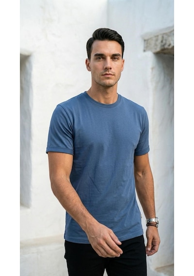 Plus Scorpion T02 Kol Katlama Erkek Slim Fit Basic Tişört Bisiklet Yaka, Düz Kumaş, Yazlık Model İndigo