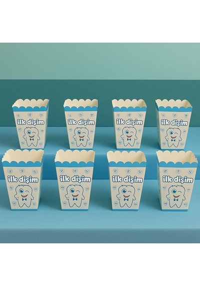 İlk Dişim Mavi Temalı Popcorn Kutusu, 8'li Set, Erkek Bebek Diş Buğdayı Partisi, Kağıt Materyal Çok Renkli