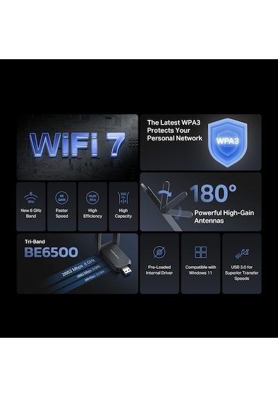 Ma37beh Be6500 Wi-fi 7 Kablosuz Usb Adaptör 6.5 Gbps Üç Bant Hız 6 Ghz Desteği Yüksek Kazançlı Anten Usb 3.0 Dahili Sürücü Tak Çalıştır Wpa3 Güvenlik Windows 10/11 Uyumlu