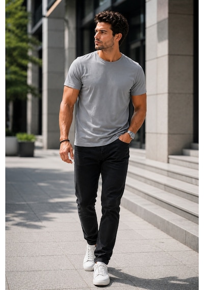 Luxıc Core Erkek Slim Fit Açık Gri Bisiklet Yaka Pamuk Penye Günlük Rahat Basic Tişört