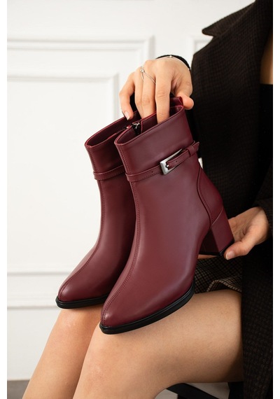 Dabab Shoes Astraya Kadın Bordo Tokalı Topuklu Kısa Konç Şık Kışlık Bot Bootie