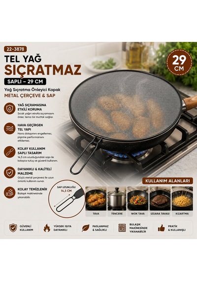 İbico İ22-422 Saplı Tel Yağ Sıçratmaz - 29 Cm Siyah Metal Çerçeveli 14 Cm Sap- 12'li Paket Diğer