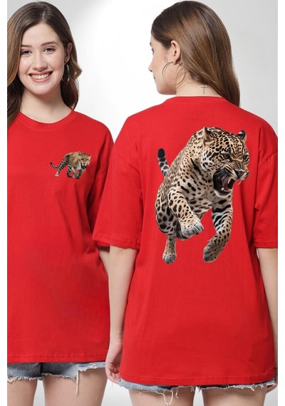 Jaguar Sırtından Çıkan Kırmızı Oversize Unisex Ön Ve Sırt Baskılı Tişört Kırmızı