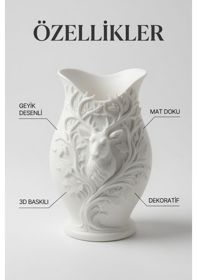 3d Baskılı Geyik Desenli Dekoratif Vazo 15 Cm Beyaz