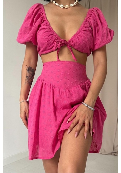 Butik İstanbul Fuşya Brode Crop Ve Mini Etek Takım