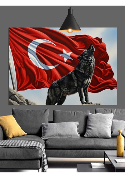 Türk Bayrağı Kurt Figürü Dekoratif Kanvas - Mdf Ahşap Tablo