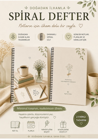 Zumio Doğadan İlham Alan A5 Spiralli Çizgisiz Defter Minimal Tasarım Siyah Plastik Spiral Düz