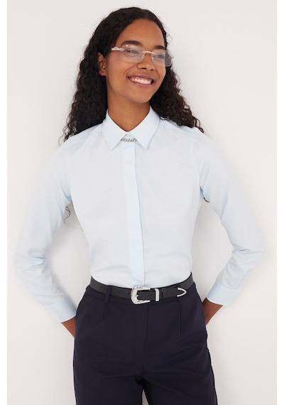 Tudors Kadın Slim Fit Dar Kesim Vucüda Oturan Uzun Kollu Gizli Düğme Detaylı Mavi Basic Gömlek-35557 Mavi