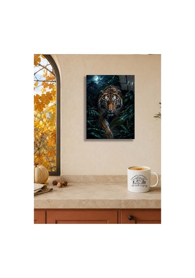 Kaplan Metal Poster Dolunay Ve Tropikal Orman Manzaralı Vahşi Hayvan Dekoratif Duvar Tablosu Çok Renkli - 938045792 Çok Renkli - 938045792 Çok Renkli