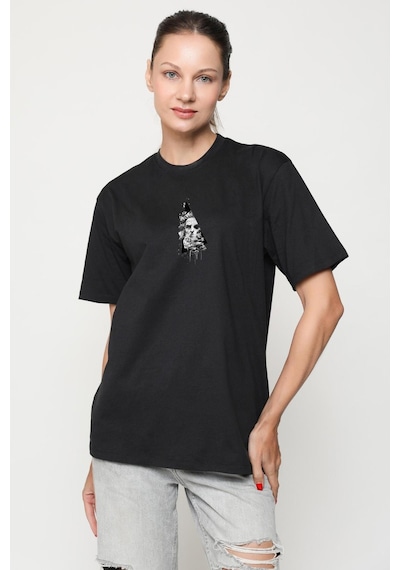 Poseidon Felsefe Siyah Oversize Unisex Ön Orta Minimal Baskılı Tişört Siyah