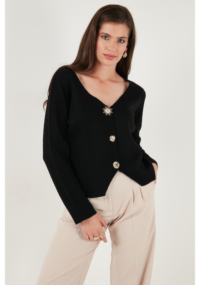 Lela Premium Regular Fit V Yaka Düğmeli Triko Bayan Hırka 680Hi00121 Siyah