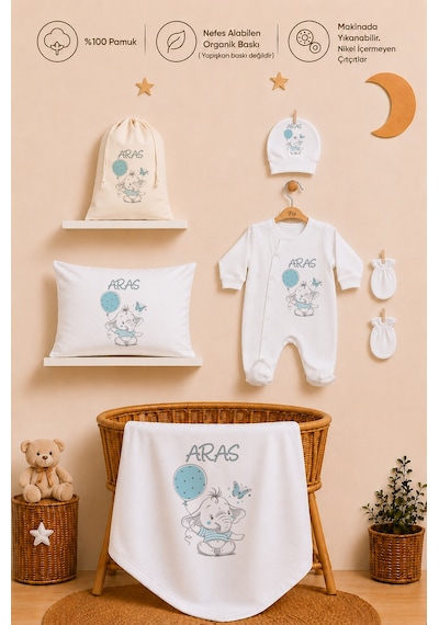 Pia Baby Erkek Bebek İsimli Hastane Çıkışı 6 Parça Tulum Şapka Eldiven %100 Pamuk Hediye Seti 2009tybk3x Krem