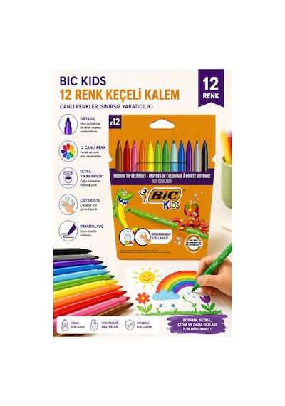 Keçeli Kalem 12 Renk 1 Paket Bic Kid Couleur 12 Li Keçeli Kalem Canlı Renkler Yıkanabilir Kaliteli Okul Öğrenci