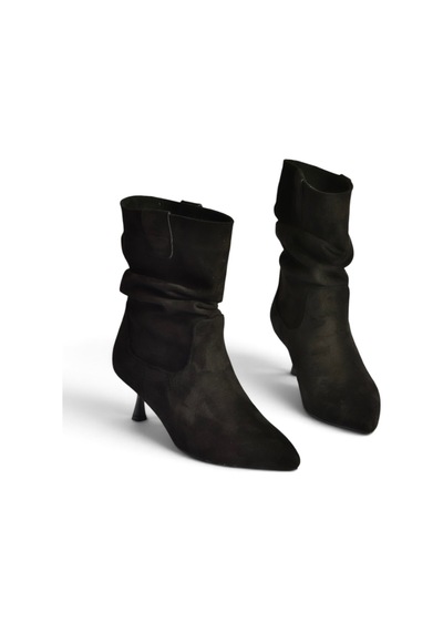 Fox Shoes Z282810502 Siyah Süet İnce Topuklu Büzgülü Kadın Bot