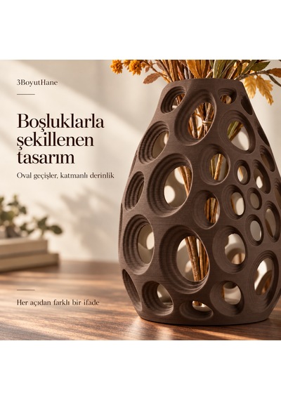 Dekoratif Vazo 20 Cm Oval Delikli Modern Tasarım Kuru Ve Yapay Çiçek Vazosu Kahverengi
