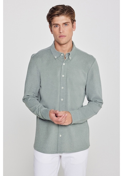 AC&Co / Altınyıldız Classics Erkek Hakı Pamuklu Tailored Slim Fit Dar Kesim Düğmeli Yaka Örme Gömlek Haki