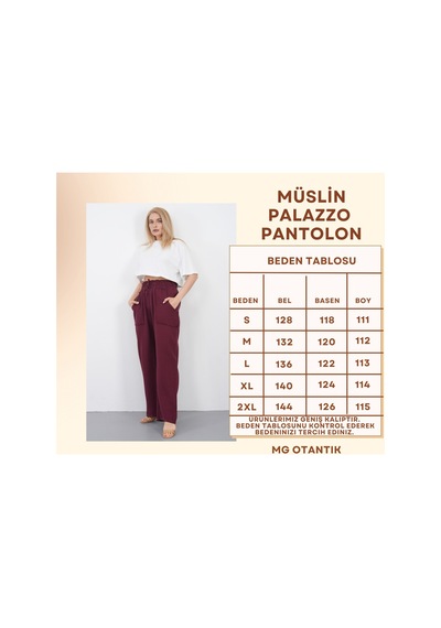 The Voler Müslin Palazzo Pantolon Kadın Yazlık Bol Paça Salaş Rahat Lastikli Bel Cepli Günlük Şık Pantolon Bordo