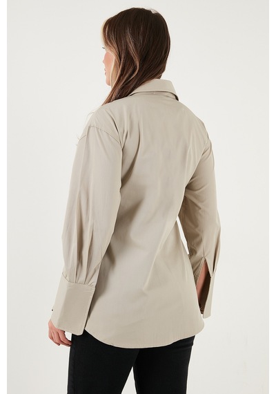 Lela Regular Fit Klasik Yaka Bağlamalı Uzun Kollu Bayan Gömlek 6834987 Bej