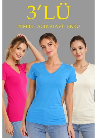 Efnaz Style 3lü V Yaka Tişört Kısa Kollu Yazlık Slim Fit Body - Pembe, Açık Mavi, Ekru Çok Renkli