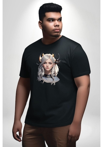 Angemiel Koç Erkek Kadın Unisex Savaşcı Siyah Büyük Beden Erkek Kadın Unisex Basic Ön Baskılı Tişört Siyah