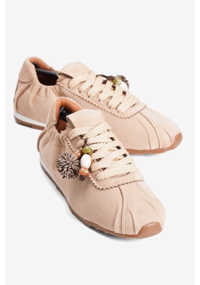 Mubiano Kadın Süet Sneaker Arka Lastikli Aksesuarlı Spor Ayakkabı Moya Bej Bej Süet