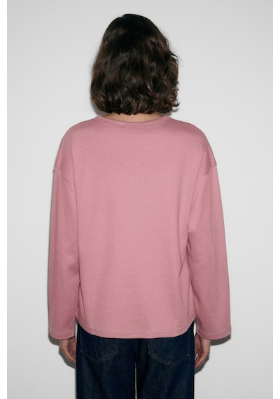 Grımelange Neat Kadın Organik Pamuklu Bisiklet Yaka Oversize Fit Uzun Kollu Pembe T-shirt Pembe