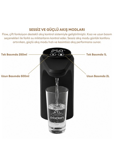 Pizen Flow Usb Şarjlı Otomatik Damacana Su Pompası Tds Ölçer 250ml 500ml 1l 2l Ölçü Özellikli Siyah