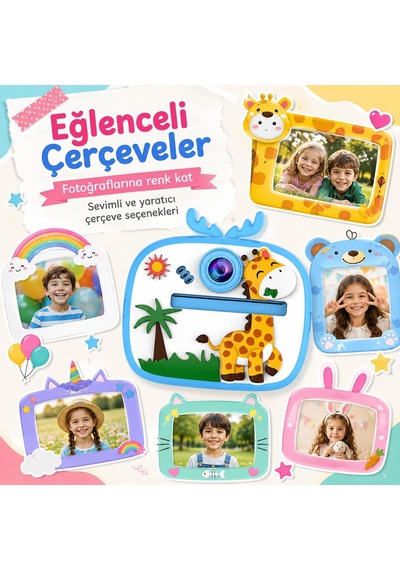 Çocuk Kamerası Zürafa Tasarımlı Anında Baskı Özellikli Dijital Fotoğraf Makinesi, 2,4 İnç Ips Ekranlı 1080p Video Kayıtlı Kamera, Cmr90 Mor