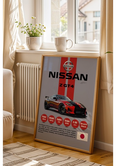Nissan Z Gt4 Premium Yarış Arabası Çerçeveli Tablo - Teknik Özellikli Pist Serisi Duvar Dekoru Kayın