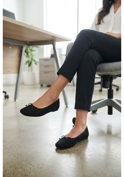 Shoetek Mary Kadın Babet Lastik Fiyonklu Siyah Süet