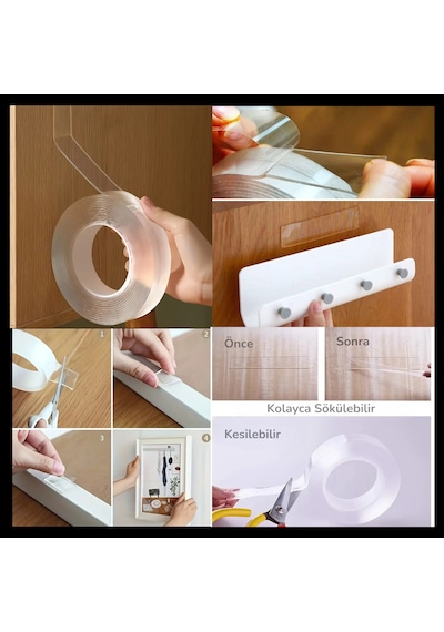 Ultra Güçlü Çift Taraflı Nano Bant 2 Metre X 3 Cm Şeffaf Yapışkanlı Silikon Bant