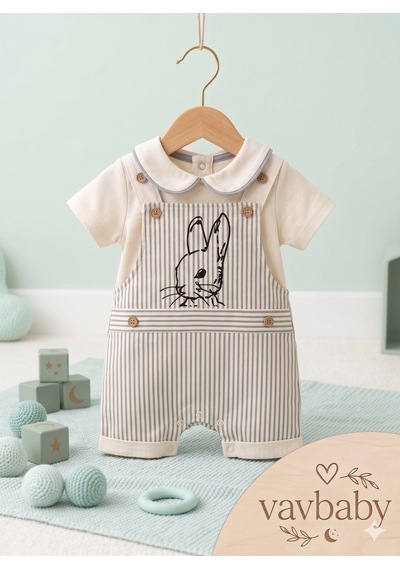 Erkek Çocuk Çizgili Tavşan Figürlü Bebe Yaka Erkek Bebek Salopet Tulum Bej