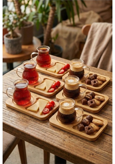 Fıre Kıng Panda 6'lı Bambu Tabaklı Borosilikat Cam Kulplu Bardak 200 Ml Cam Çay Ve Kahve Barağı Seti Açık Ahşap