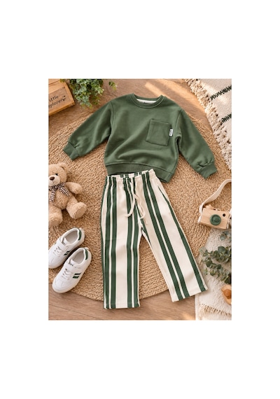 Uğur Bebe Erkek Çocuk Haki Sweatshirt Çizgili Pantolon 2'li Takım Günlük Spor Şık Kombin Haki Haki Uğur Bebe Erkek Çocuk Haki Sweatshirt Çizgili Pantolon 2'li Takım Günlük Spor Şık Kombin Haki Haki