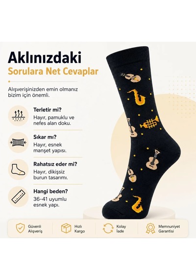 DS Wak Müzik Enstrüman Desenli Kadın Soket Çorap 36-40 Pamuklu Dikişsiz Burun Siyah Uzun Konç Hediyelik