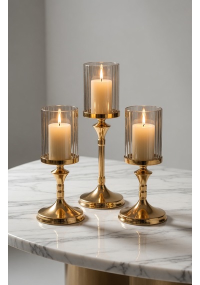 Lumina Gold Royale Şamdan Seti Sırasıyla 39 - 34 - 29cm / Dekoratif Masa Şamdanı Salon & Yemek Masası Mumluk Eskitme Gold