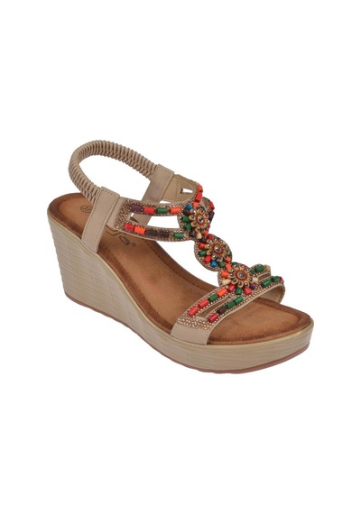 Guja 25y155 Kadın Taşlı Dolgu Topuklu Lastikli Comfort Sandalet Bej Siyah