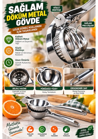Büyük Boy Döküm Metal Narenciye Sıkacağı Portakal Limon Manuel Meyve Suyu Presi 23 Cm Çelik Renk Tip Gümüş