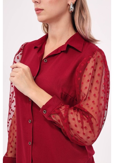 Armonika Kadın Bordo Kolları Tül Gömlek Arm-20k001068