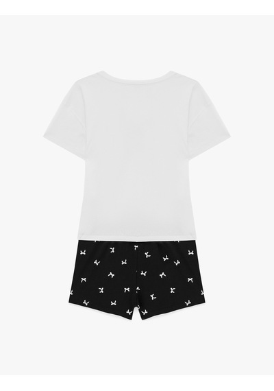Koton Pamuklu Baskılı Kısa Kollu Tişört Ve Şortlu Pijama Takımı Beyaz 6slk40132mk
