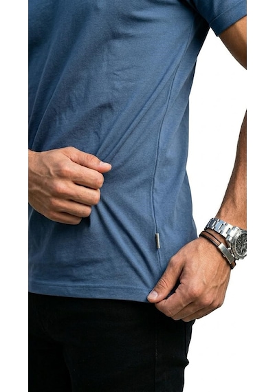 Plus Scorpion T02 Kol Katlama Erkek Slim Fit Basic Tişört Bisiklet Yaka, Düz Kumaş, Yazlık Model İndigo